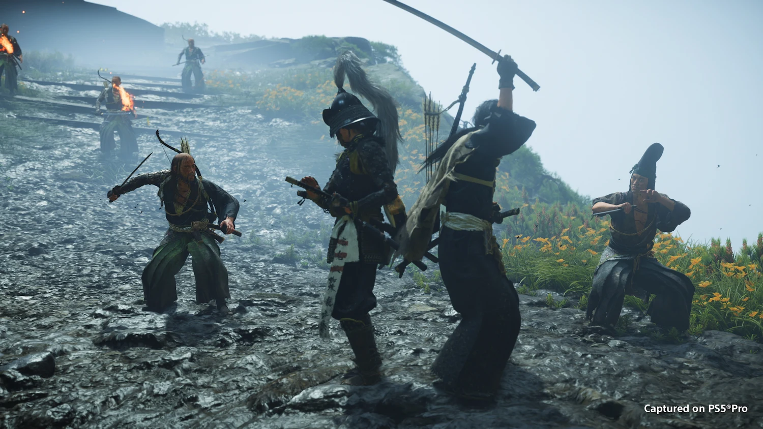 A warrior facing several enemies in an official Ghost of Yōtei battle scene