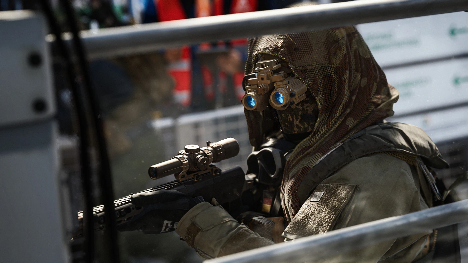 Masked Modern Warfare 4 operator aiming a rifle from behind cover