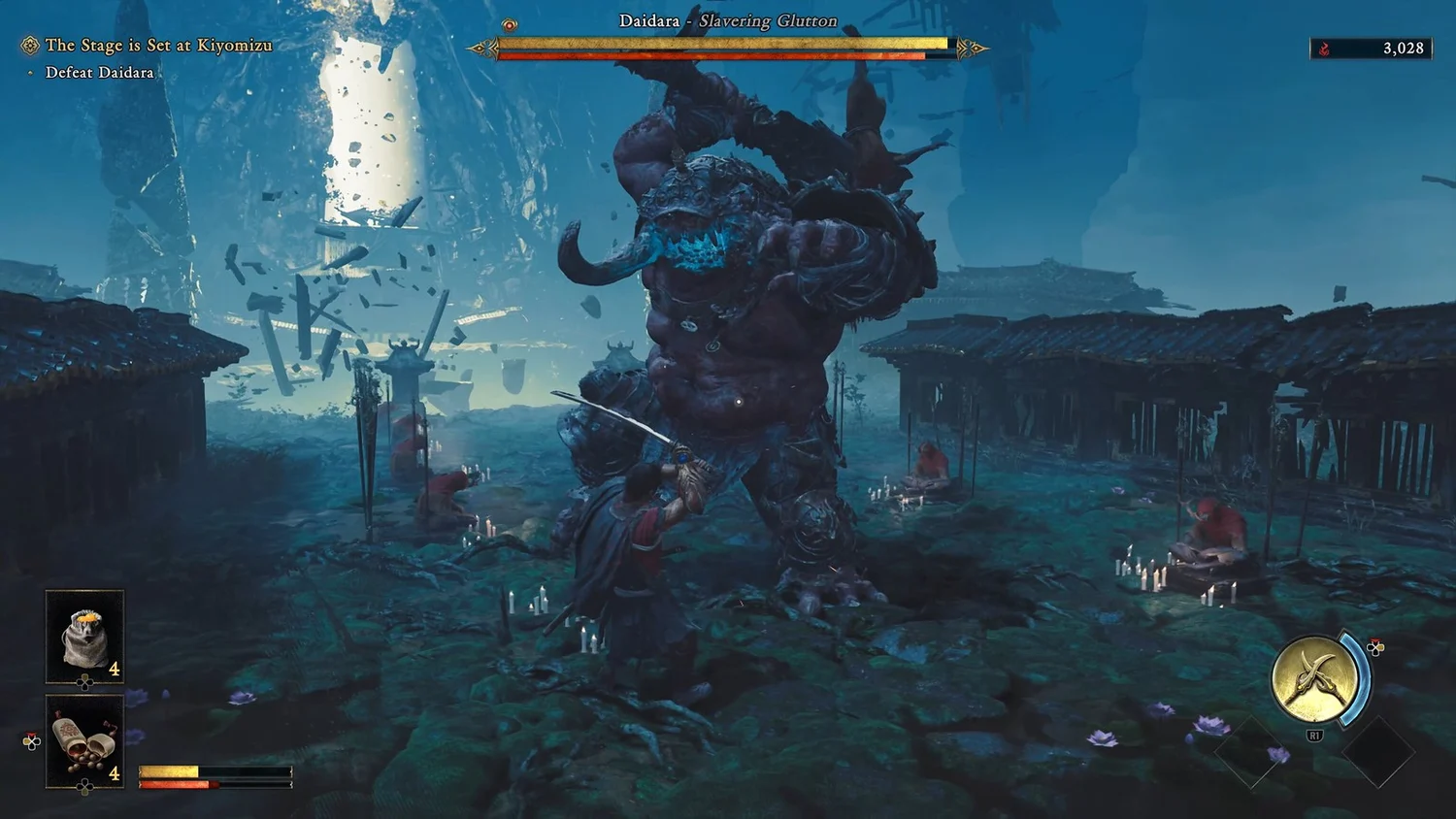 Musashi facing the giant Genma Daidara in the Oni Refuge