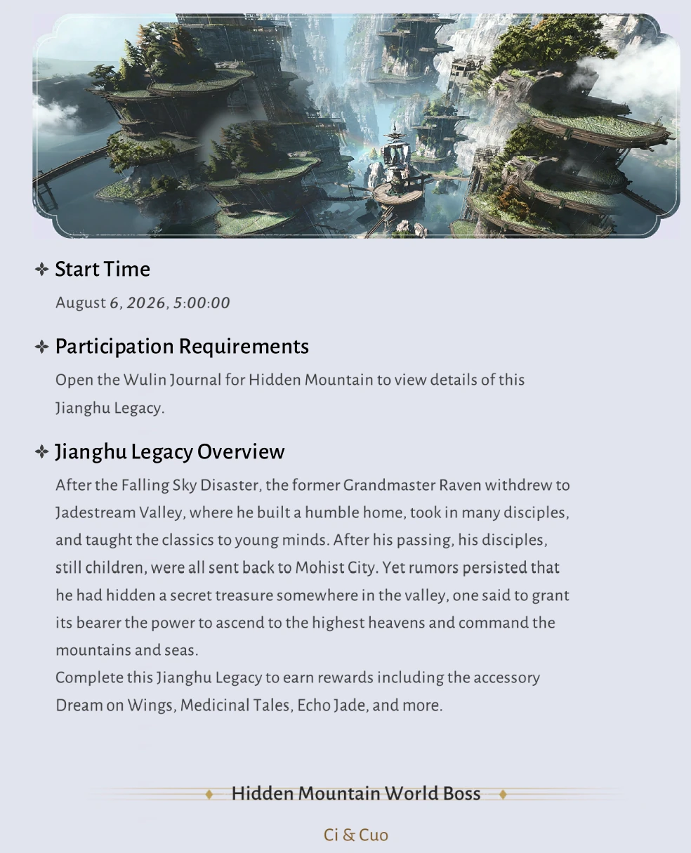 Where Winds Meet Version 2.0 illustrated overview of Hidden Mountain, story chapters, rewards and exploration features continued