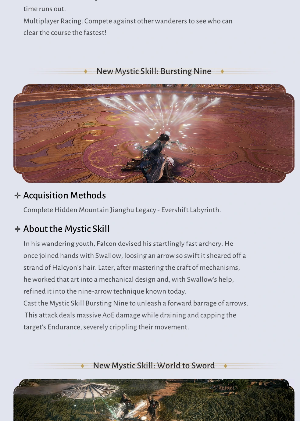 Chasing the Sky races and the Bursting Nine Mystic Skill
