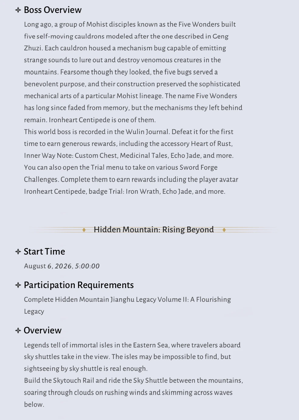 Where Winds Meet Version 2.0 illustrated overview of Hidden Mountain, story chapters, rewards and exploration features continued