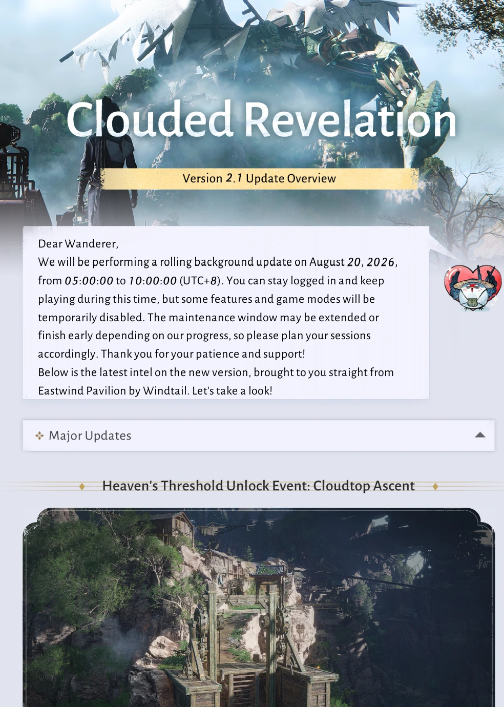Clouded Revelation overview, maintenance window and Cloudtop Ascent artwork