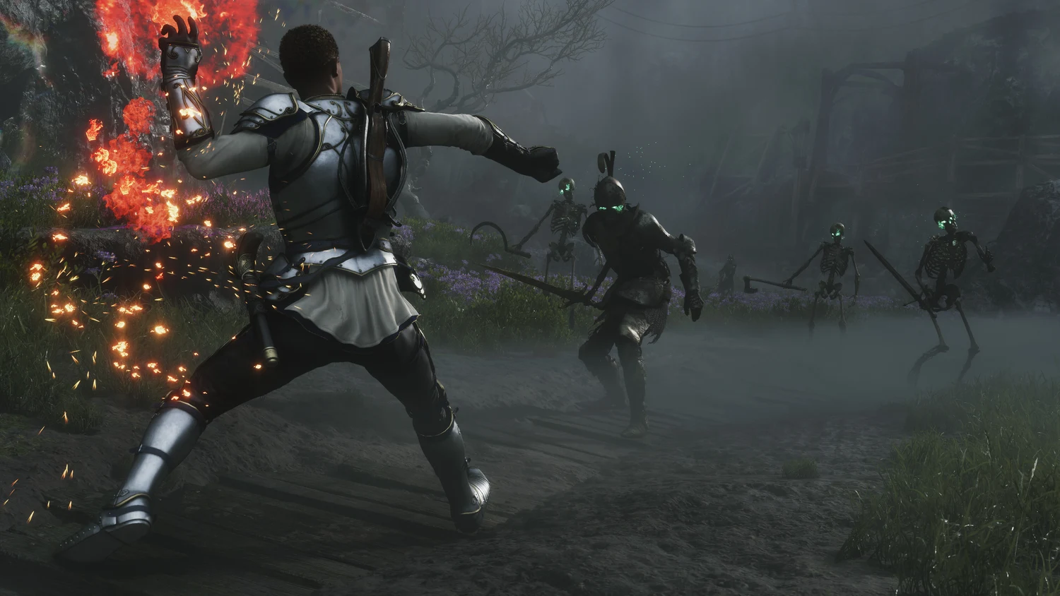 Fable hero casting fire magic toward a group of skeleton enemies