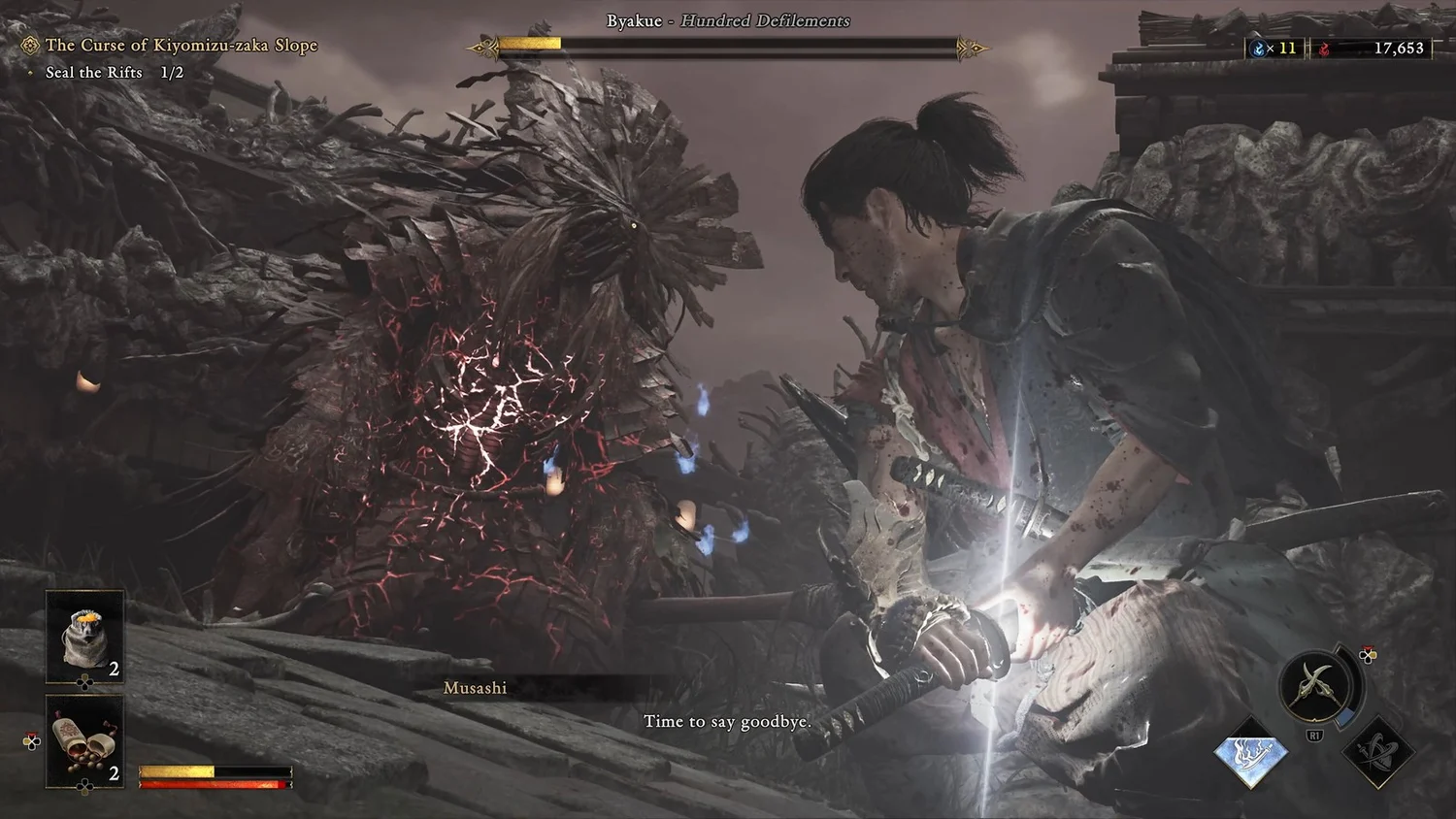 Musashi driving his blade into a Genma during close combat