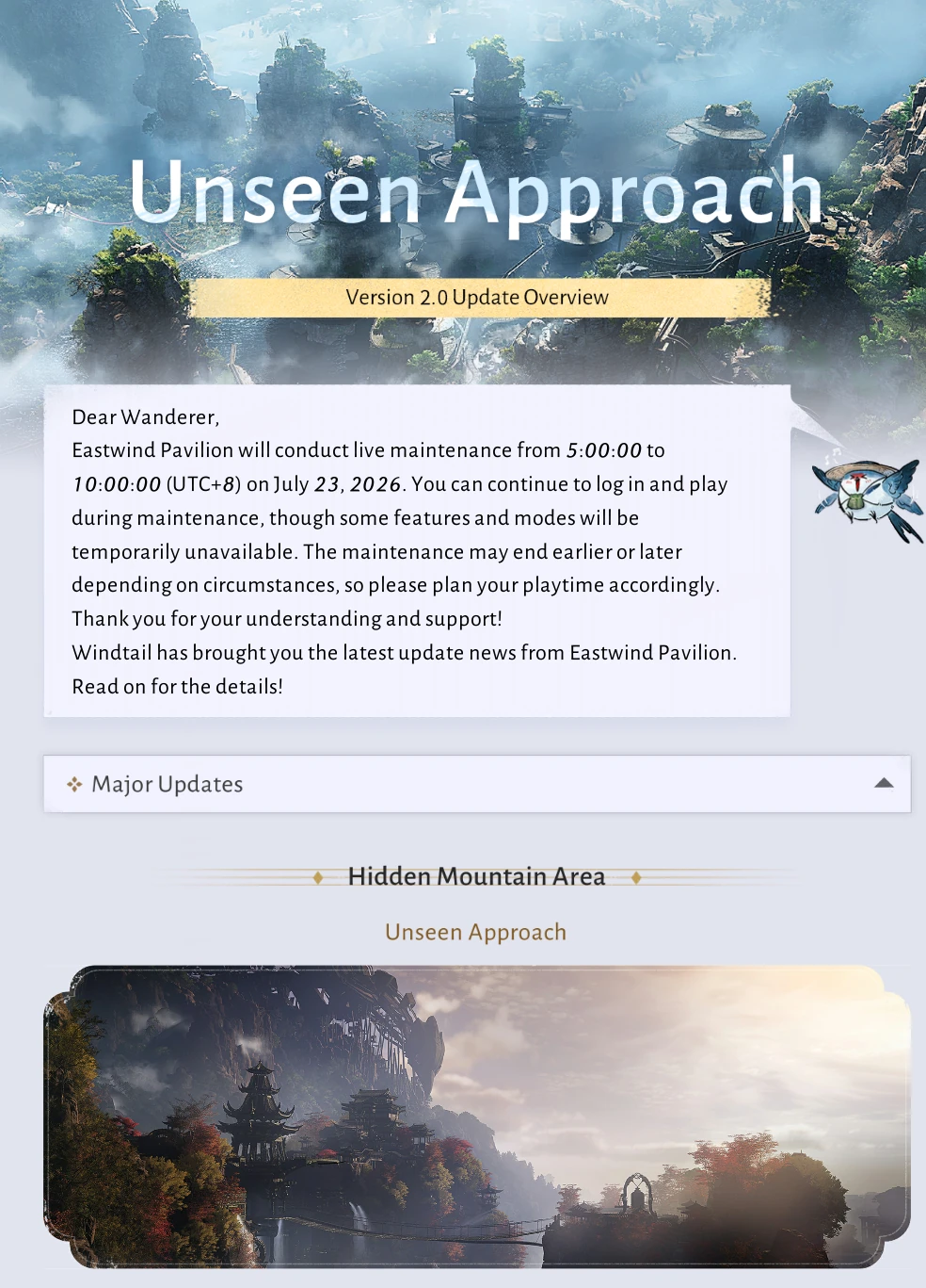 Where Winds Meet Version 2.0 illustrated overview of Hidden Mountain, story chapters, rewards and exploration features