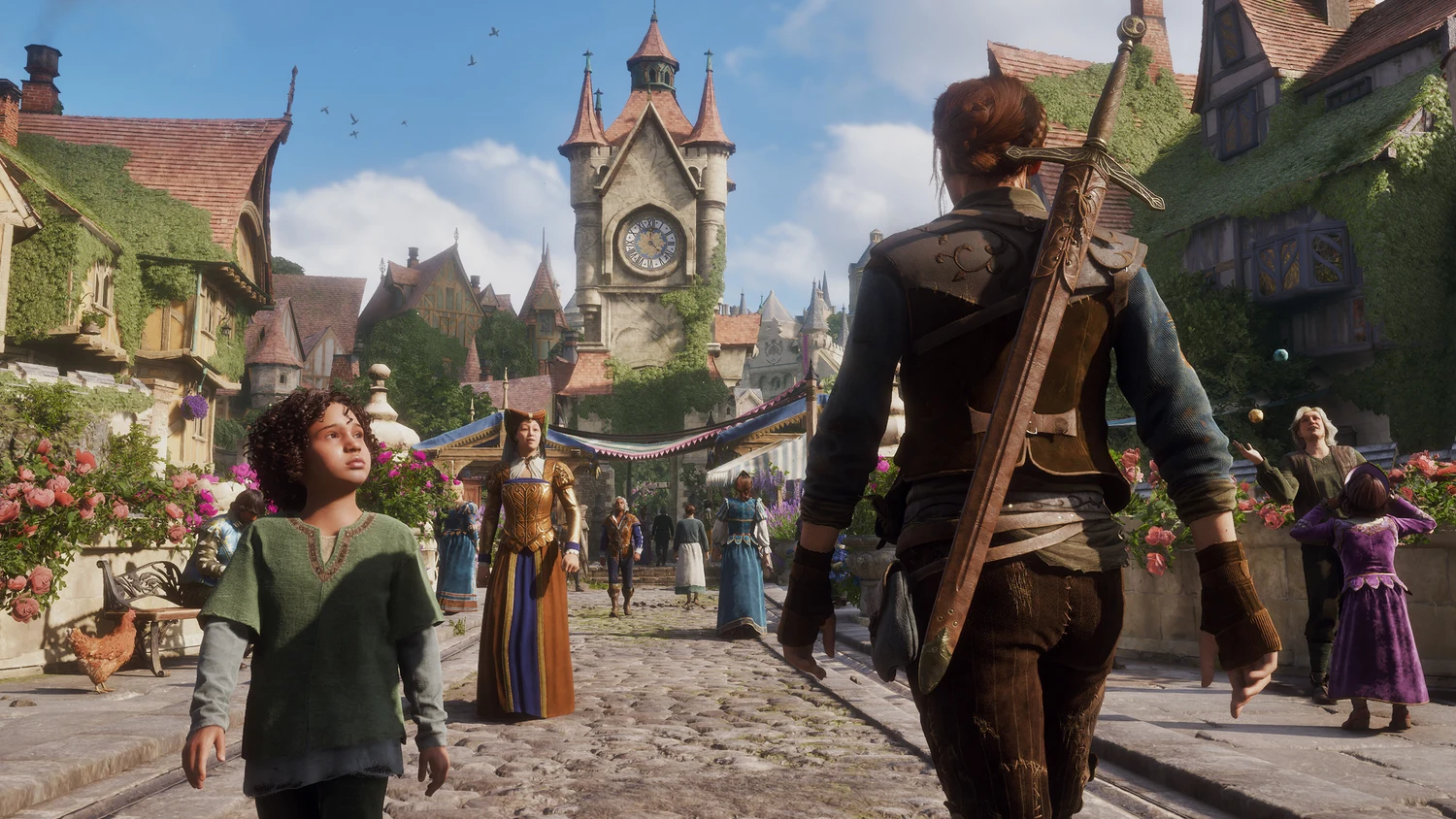 Fable hero walking through a bright Albion town square filled with residents