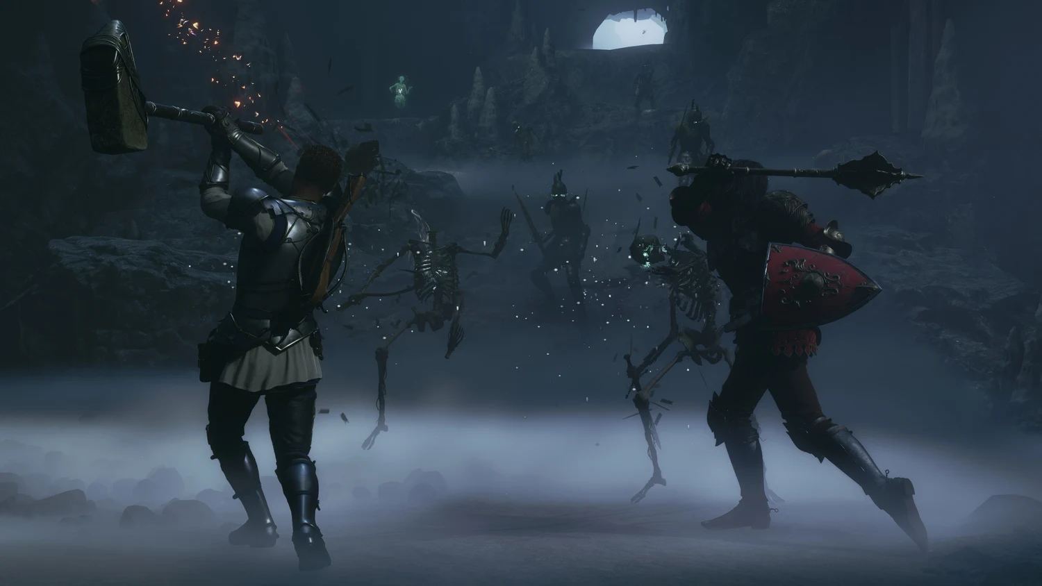 Two Fable heroes fighting glowing skeletons with a hammer and mace