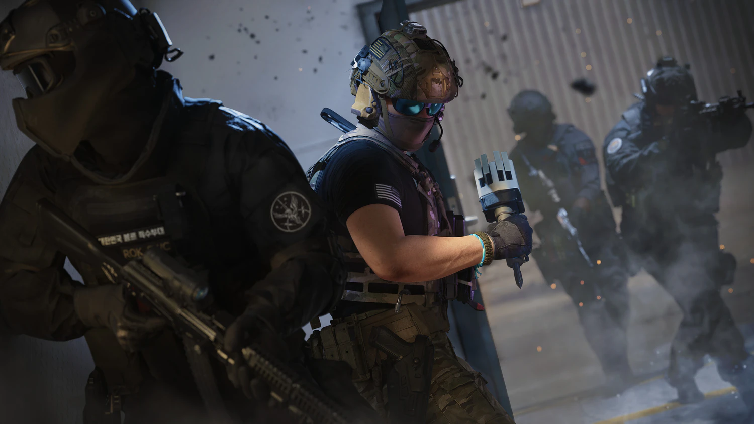 Modern Warfare 4 operator holding a handheld device while a team advances