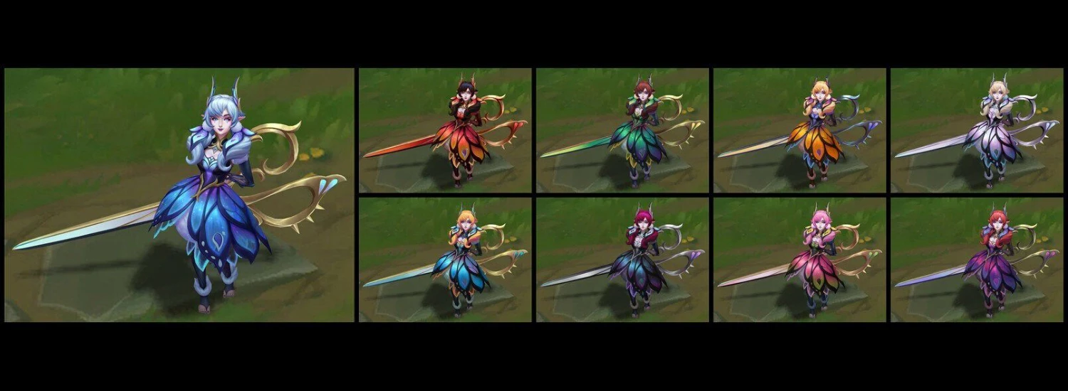 Faerie Court Gwen and her chroma colour options in League of Legends.