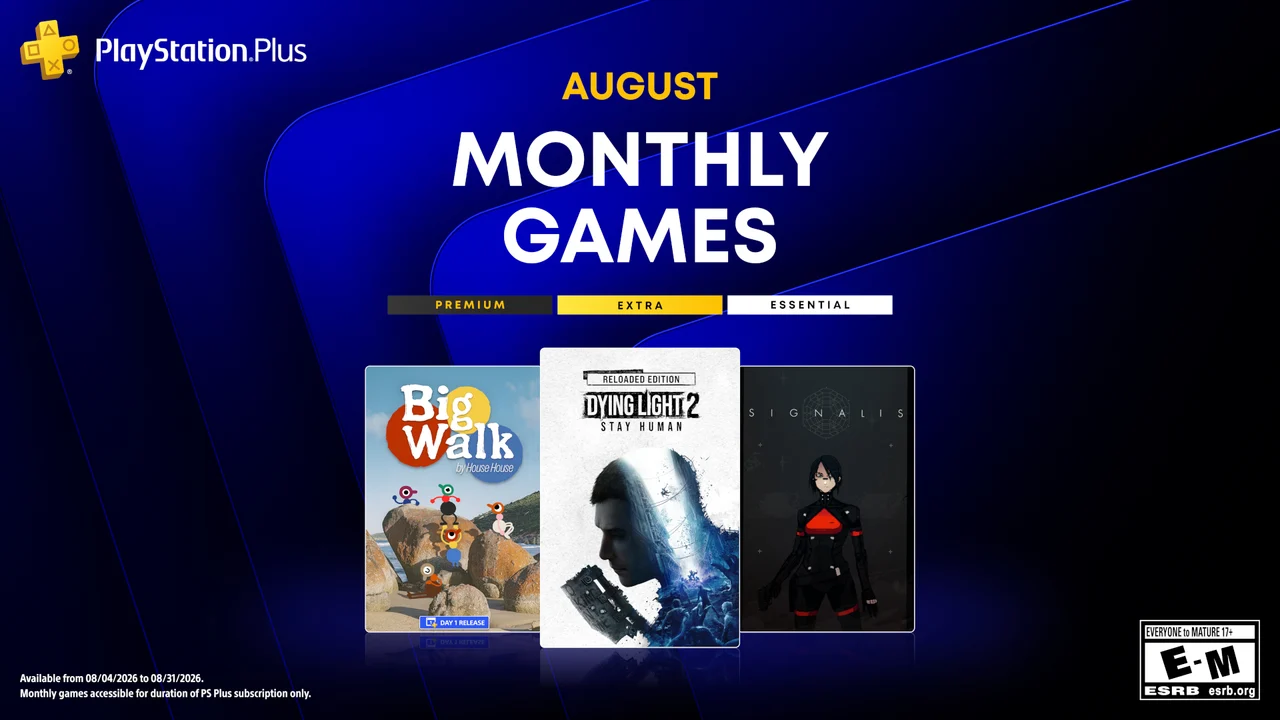 PlayStation Plus August Monthly Games artwork for Big Walk, Dying Light 2 and Signalis