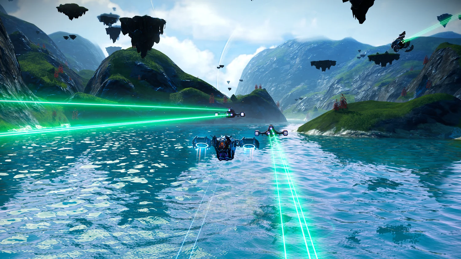 No Man's Sky vehicles travelling across water beneath floating islands