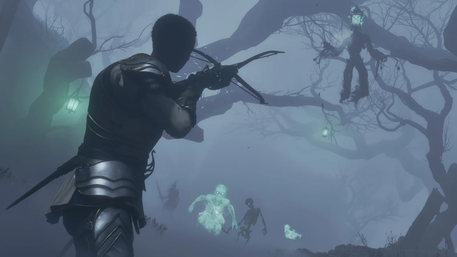 Armoured Fable hero aiming a crossbow at a hanging enemy in a foggy forest