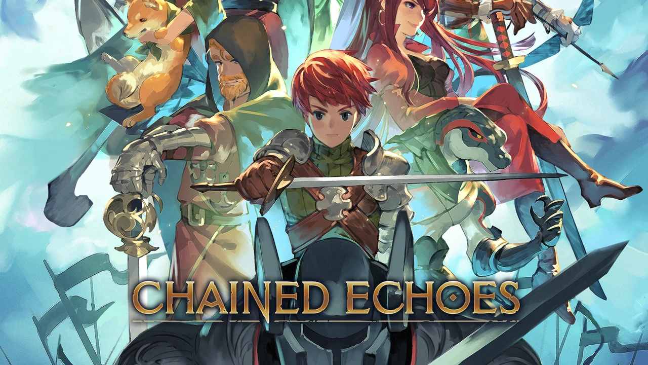 Chained Echoes party of fantasy heroes with swords and a red dragon
