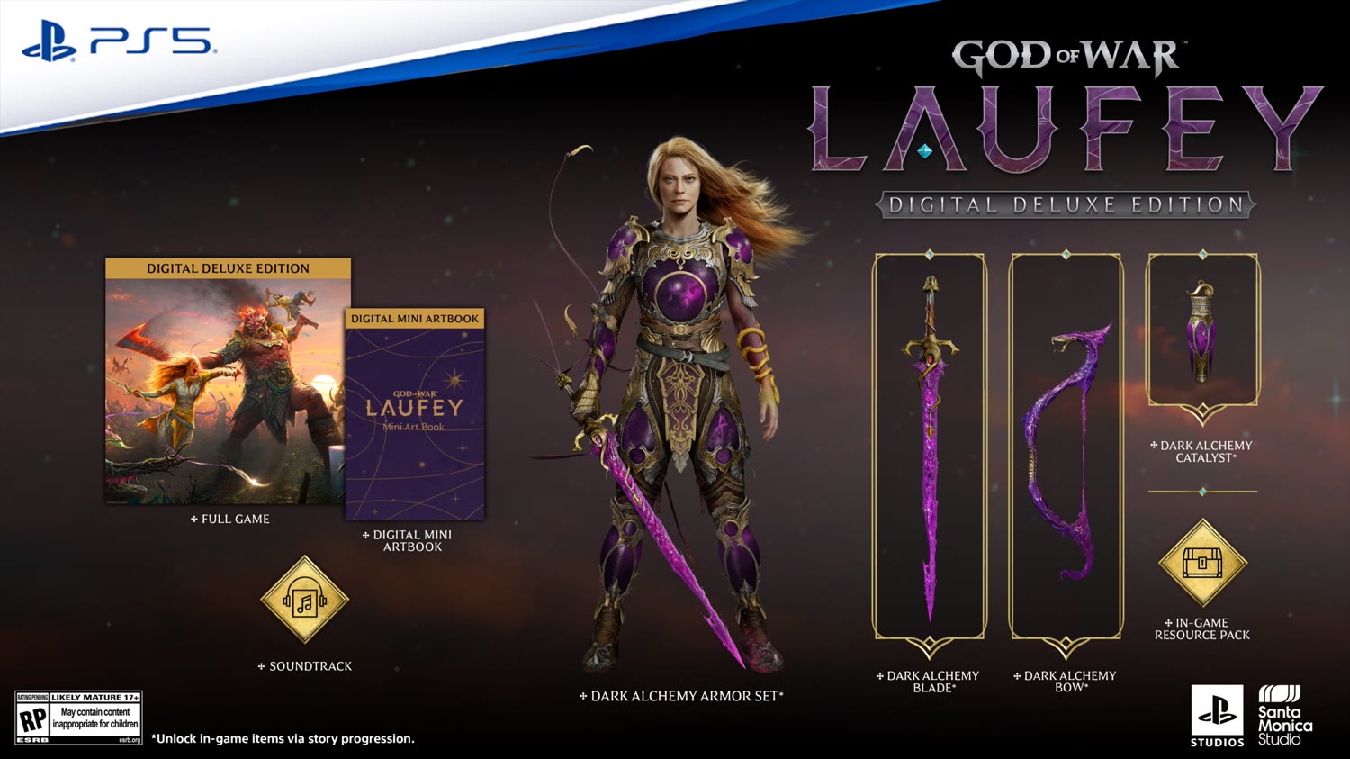 Official God of War Laufey Digital Deluxe graphic showing Dark Alchemy gear, mini artbook, soundtrack and resource pack