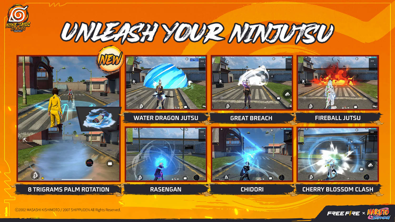 Free Fire graphic showing the returning and new Naruto Ninjutsu skills