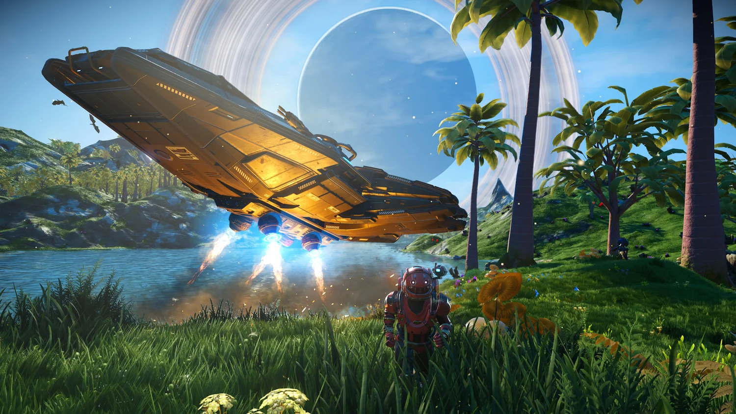 Starship landing beside a Traveller on a colourful No Man's Sky planet