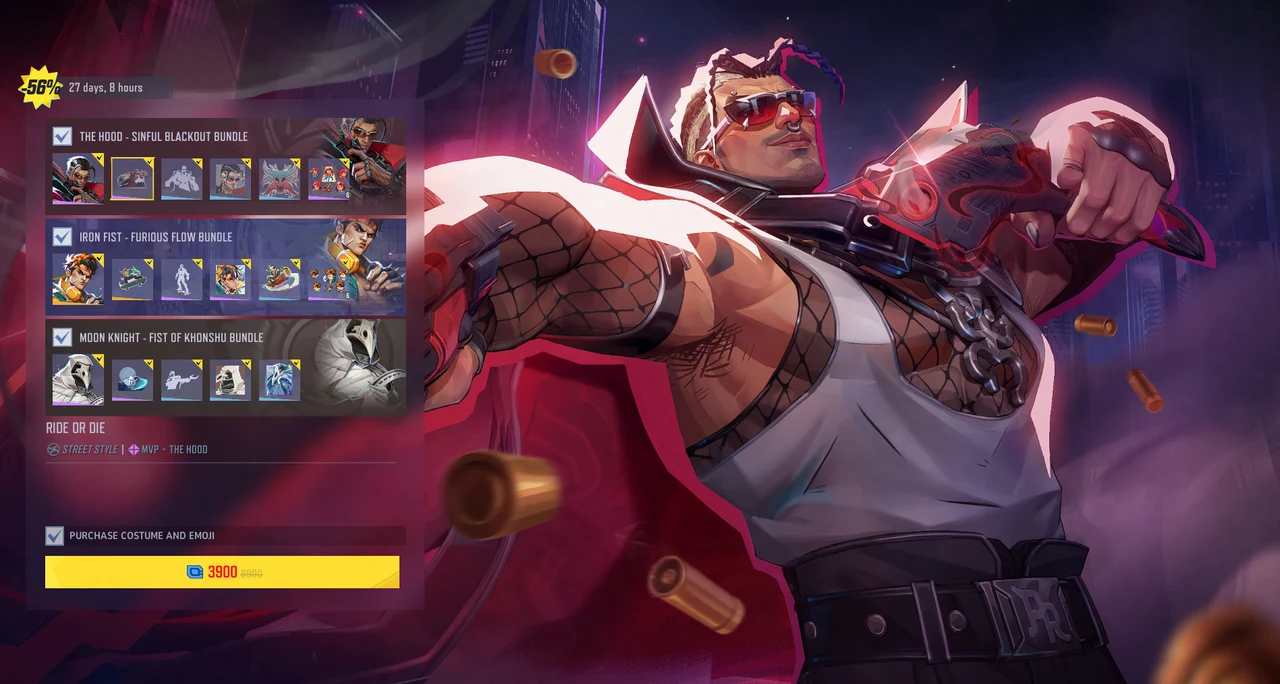 Marvel Rivals PYO bundle screen showing selectable The Hood, Iron Fist and Moon Knight cosmetics