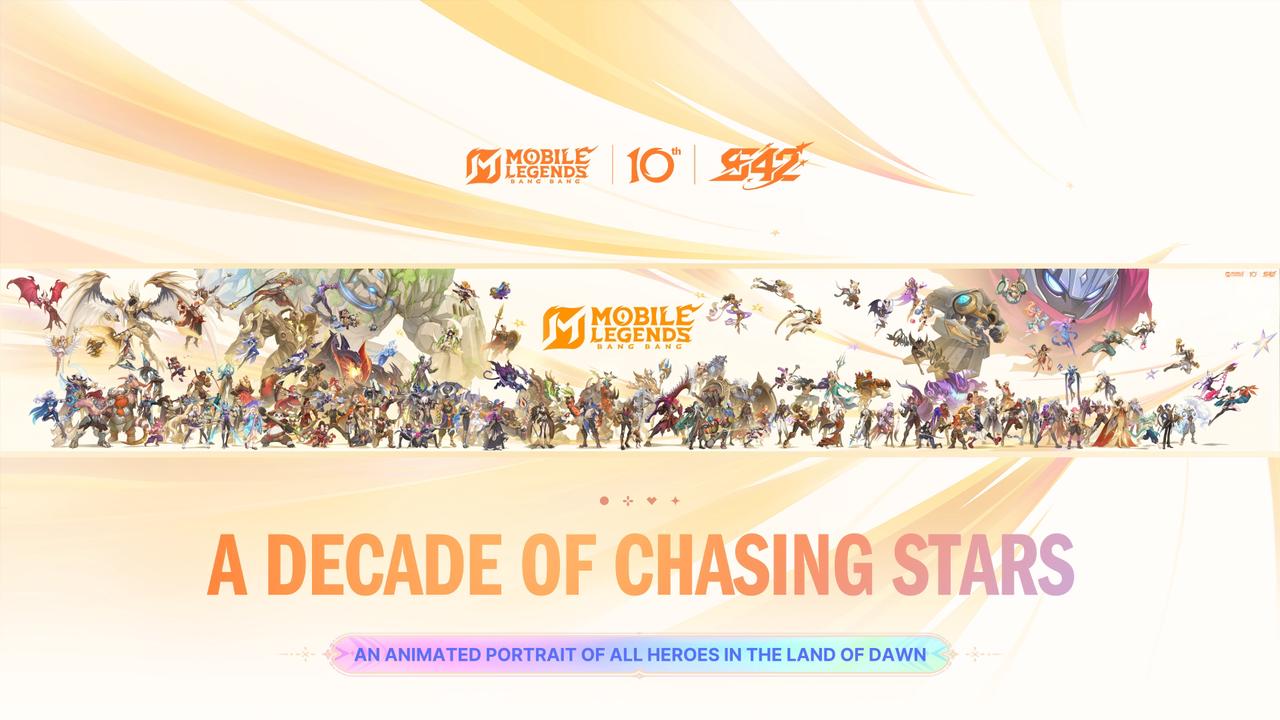 MLBB heroes gathered beneath the tenth-anniversary and Season 42 logos