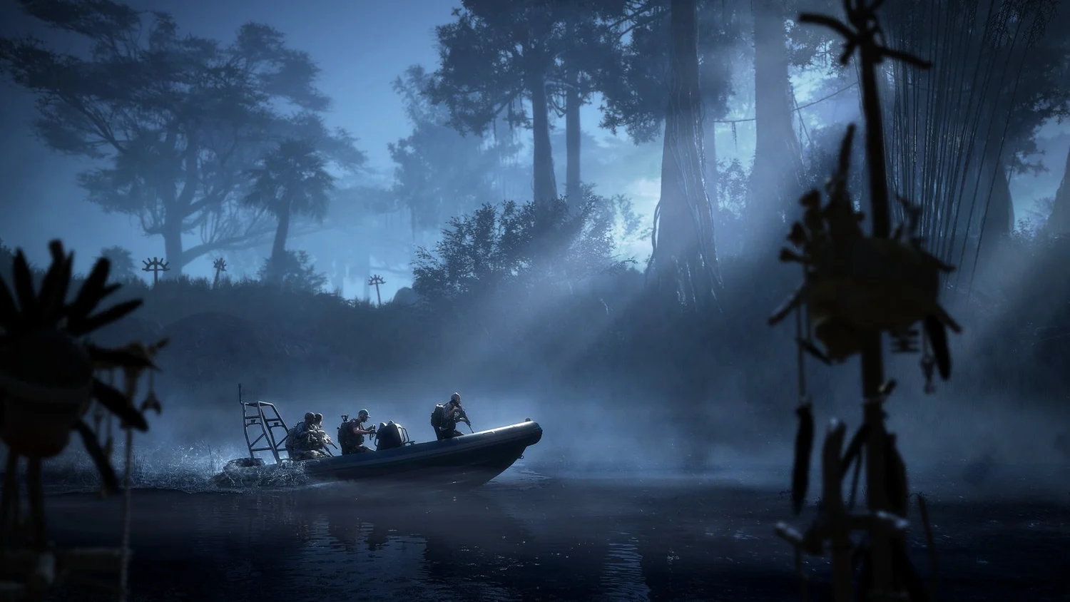 Ghost Recon soldiers approaching a dark forest by boat