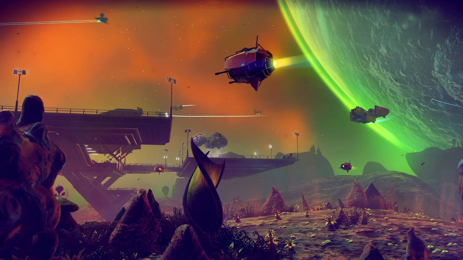 No Man's Sky Traveller watching ships beneath a green planet