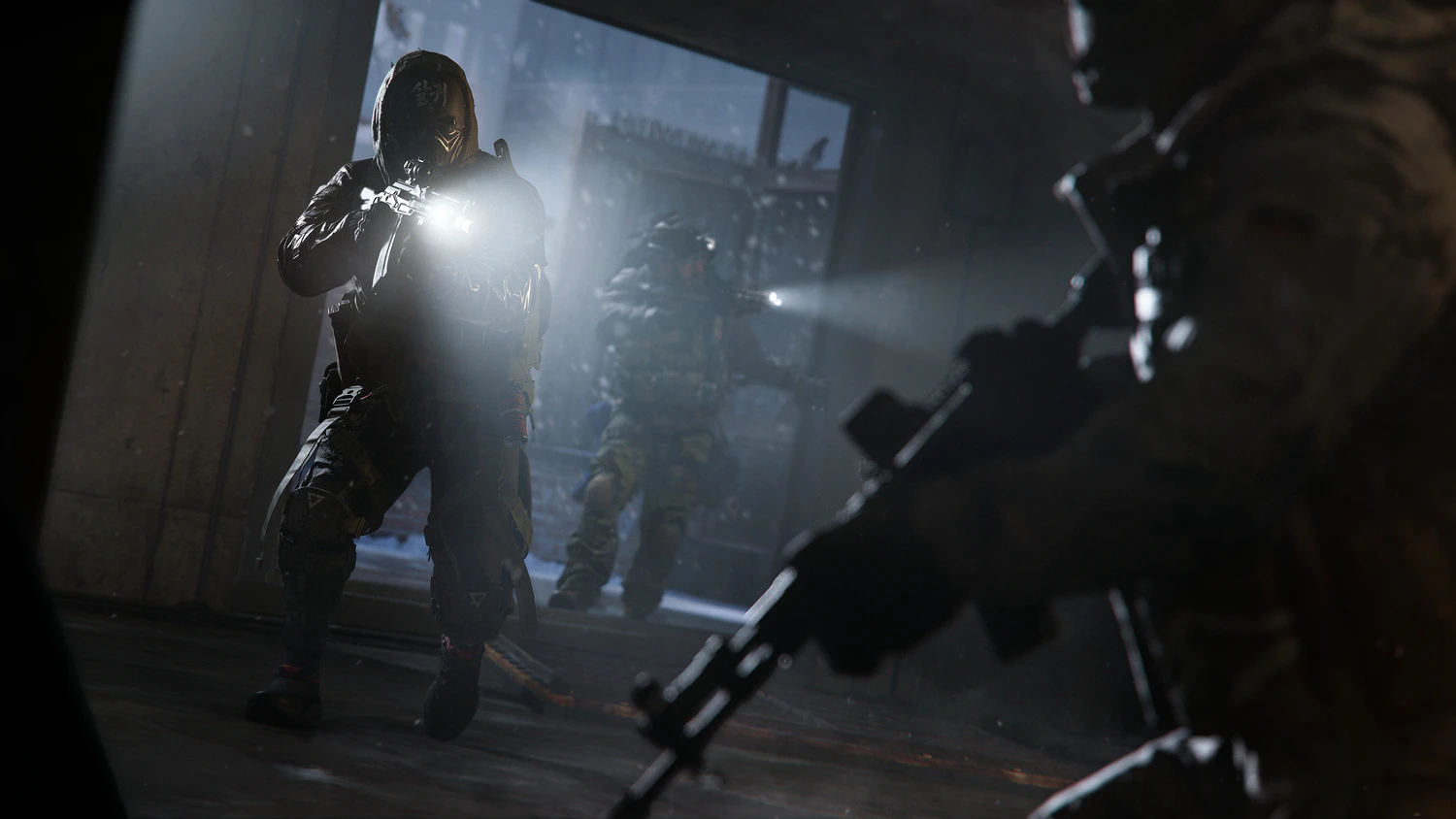 Modern Warfare 4 operator confronting an armed opponent in a dark room