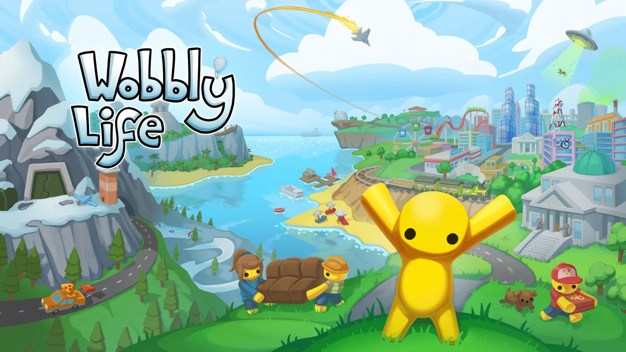 Wobbly Life yellow character waving in a colourful open world