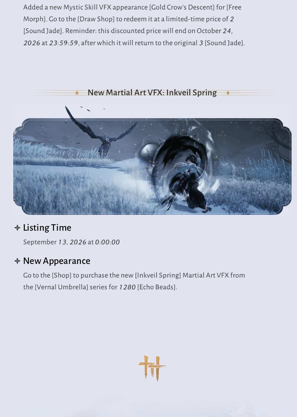 Gold Crow’s Descent Sound Jade price and Inkwell Spring VFX details