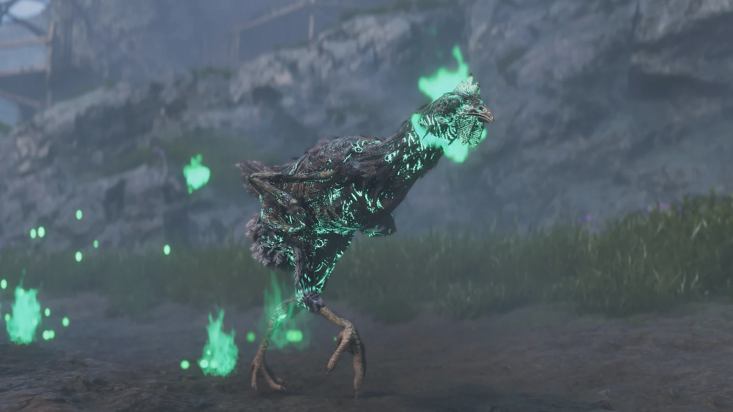 Chicken surrounded by green magical flames in Fable