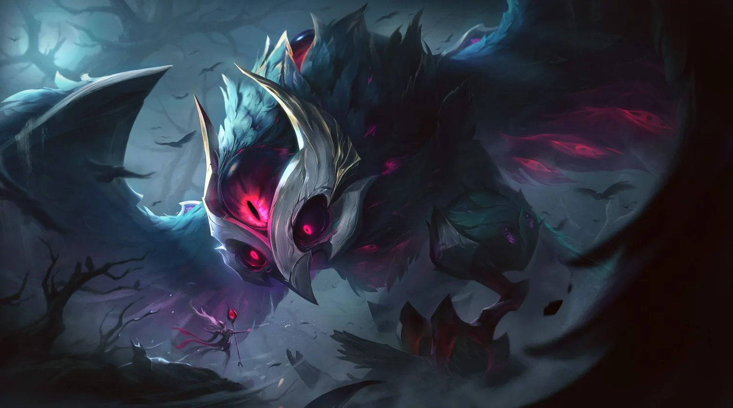 Old God Anivia as a giant dark bird with glowing red eyes