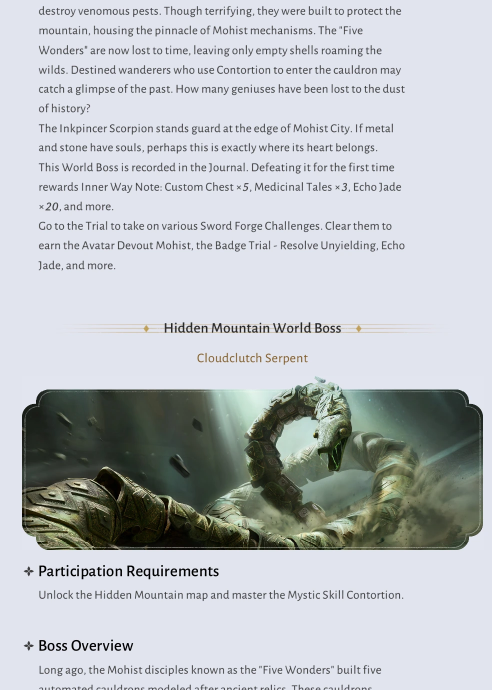 Inkpincer Scorpion and Cloudclutch Serpent world boss information