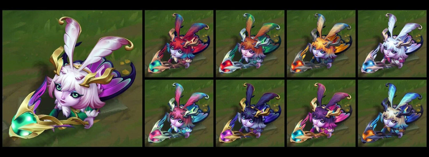 Faerie Court Lulu and her chroma colour options in League of Legends.