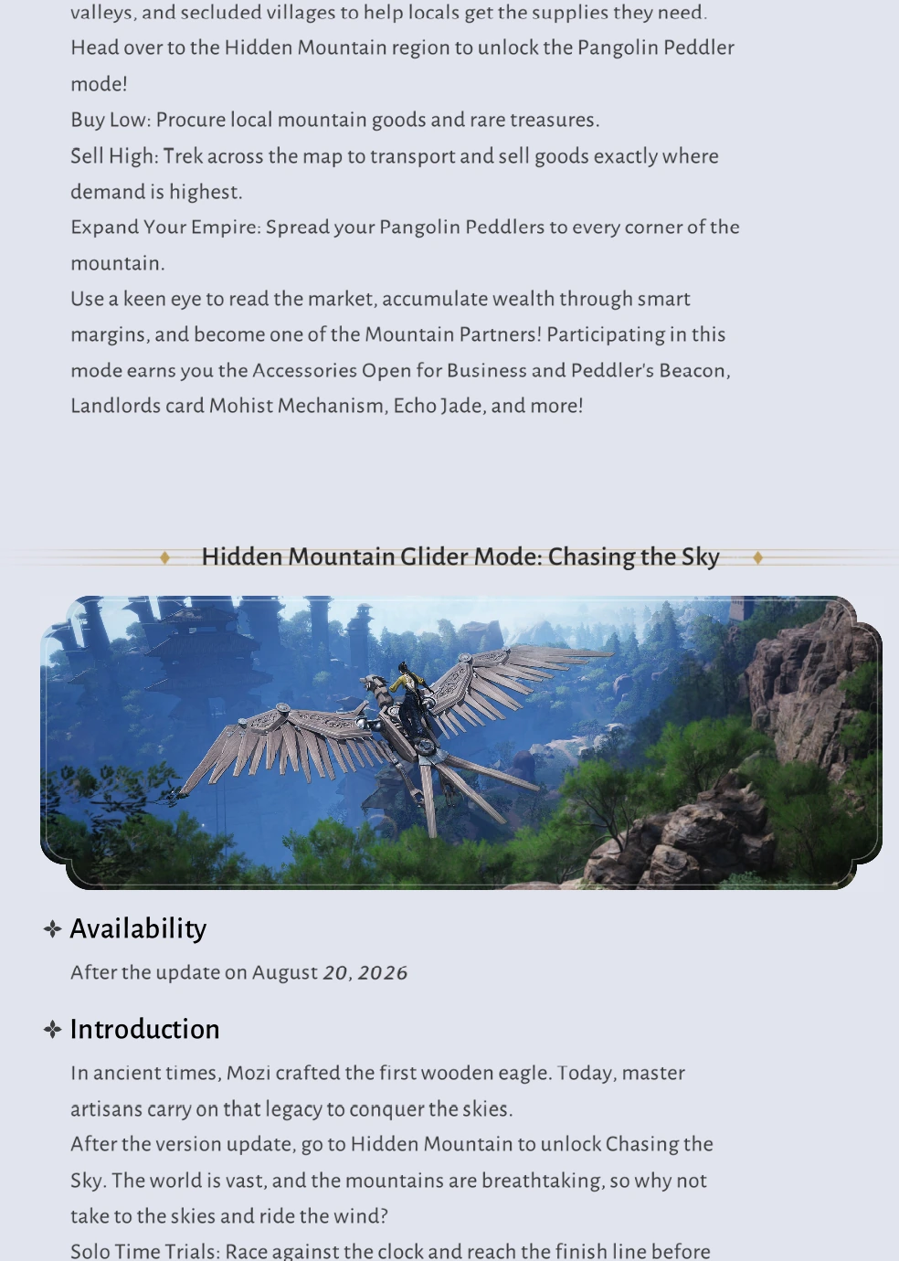 Pangolin Peddler rewards and Chasing the Sky glider mode