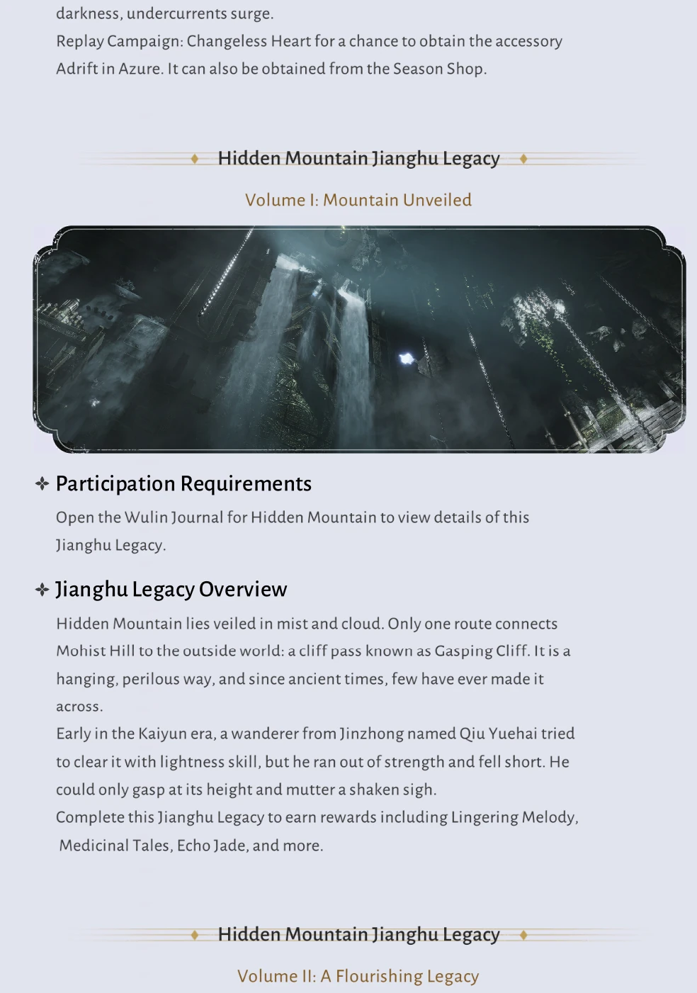 Where Winds Meet Version 2.0 illustrated overview of Hidden Mountain, story chapters, rewards and exploration features continued