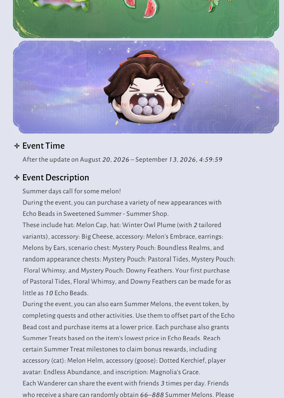 Sweetened Summer Echo Bead items, event tokens and rewards