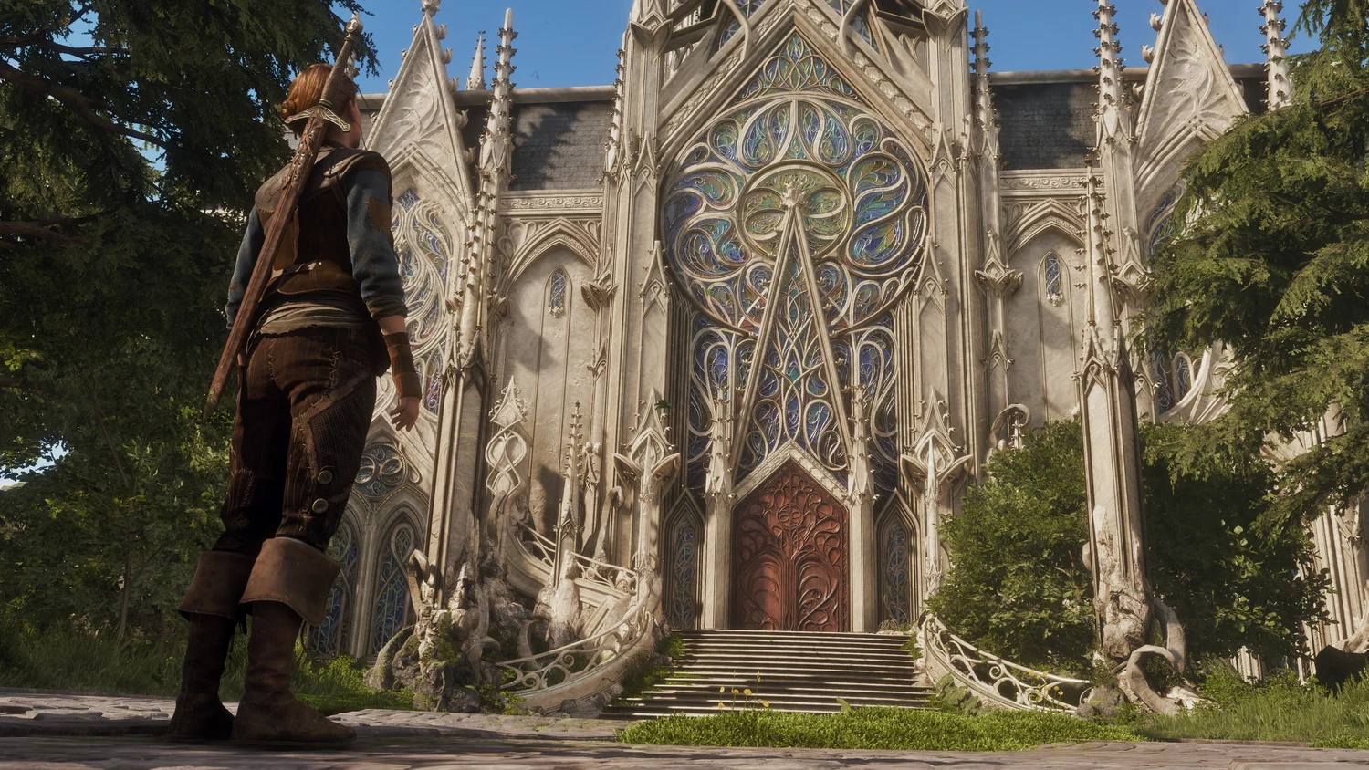 Fable hero standing before an ornate building with a large stained-glass window