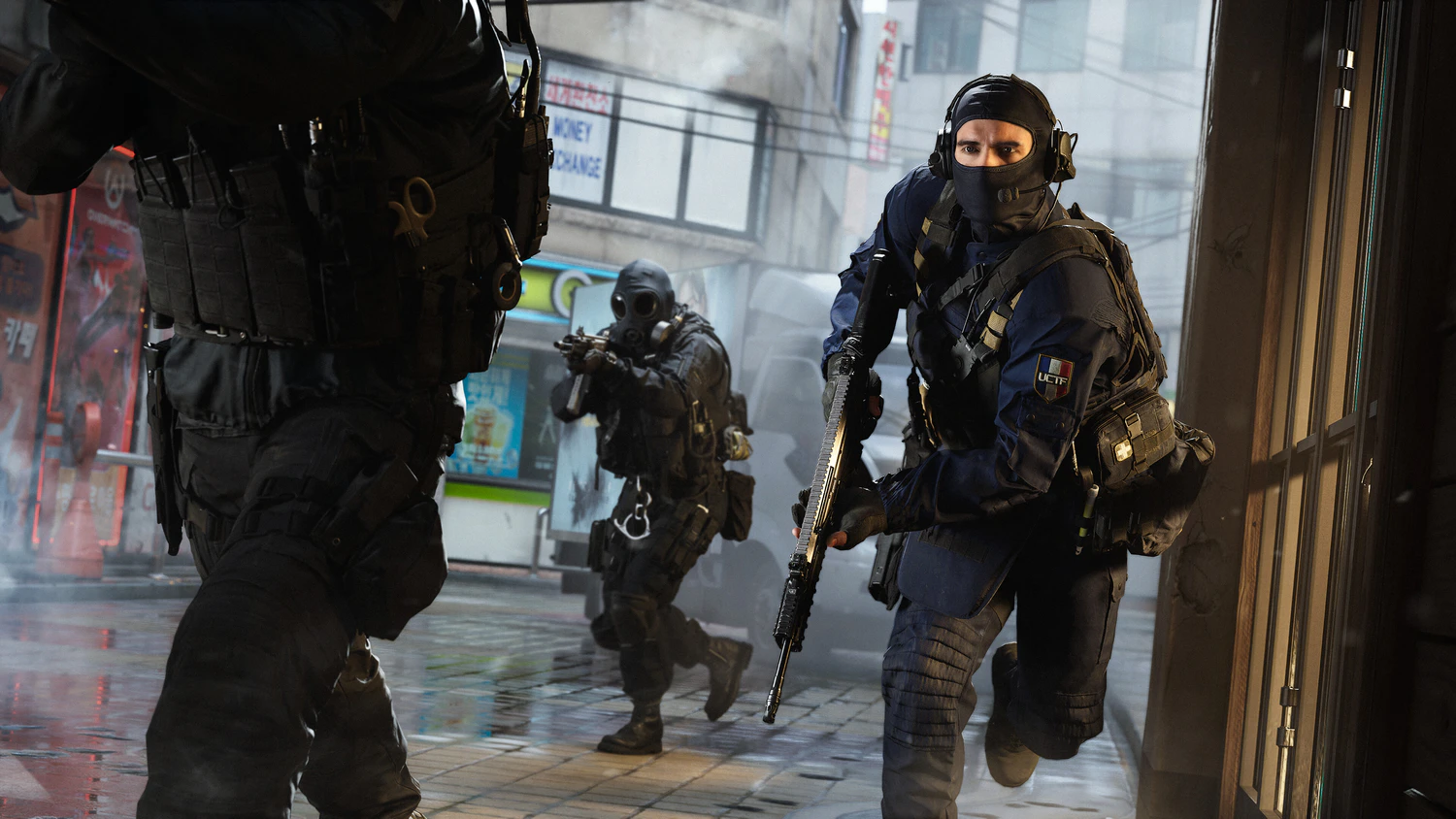 Modern Warfare 4 operators sprinting through a bright industrial interior