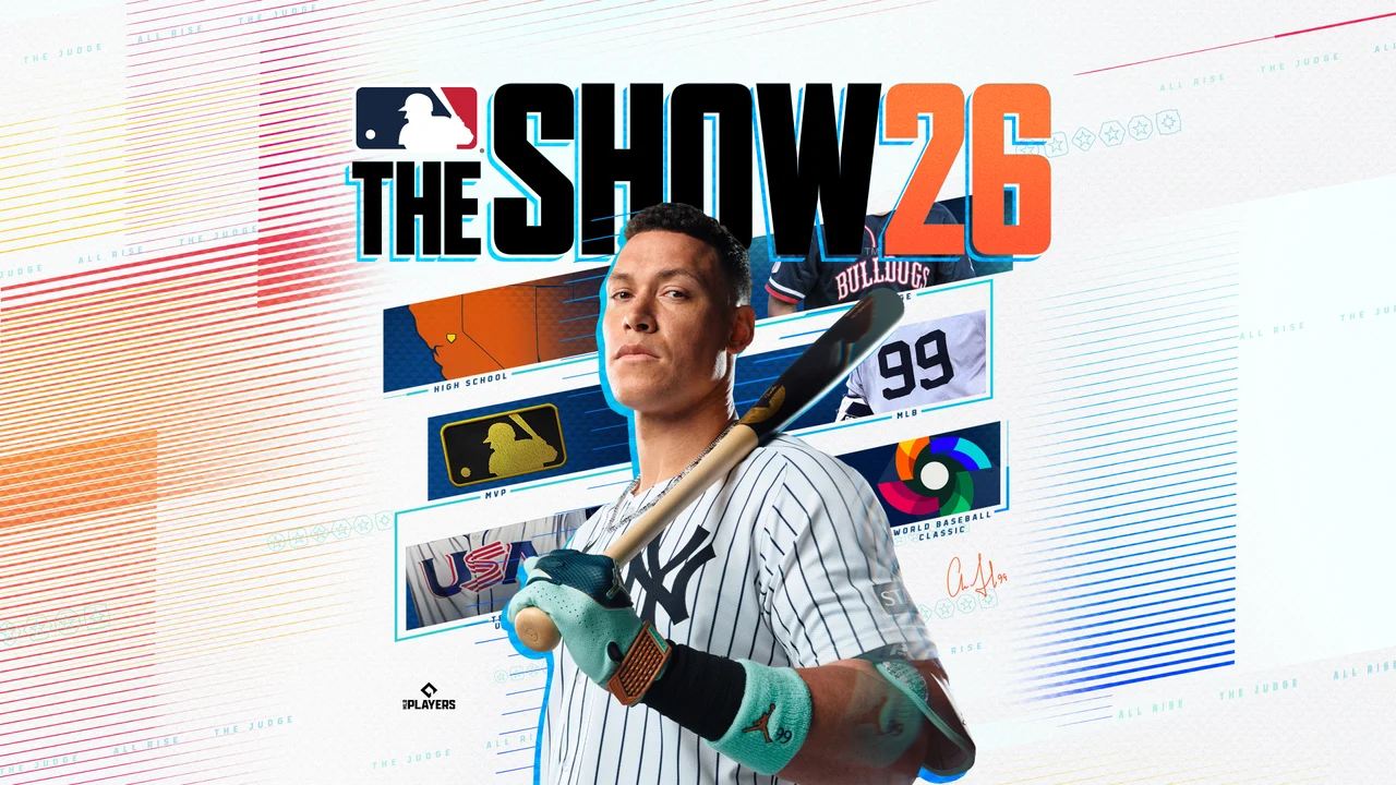 MLB The Show 26 artwork featuring Aaron Judge holding a baseball bat