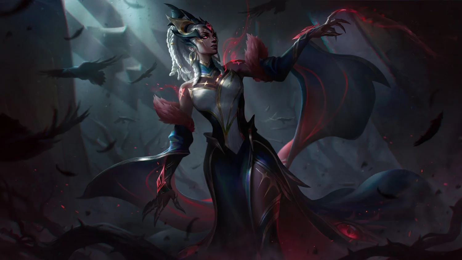 Coven Mel in a dark cloak with pale braids and birds around her