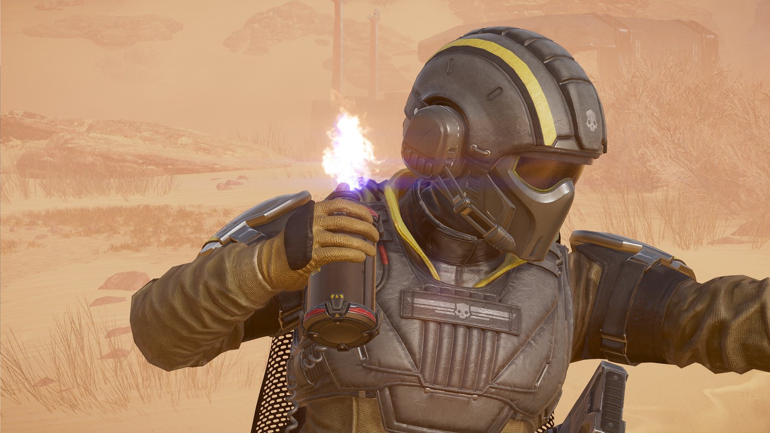 Helldiver holding a flaming G-8 Immolation grenade