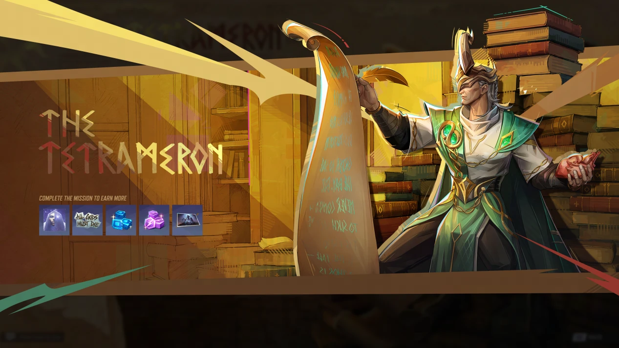 Loki the Chronicler beside the Tetrameron mission rewards in Marvel Rivals