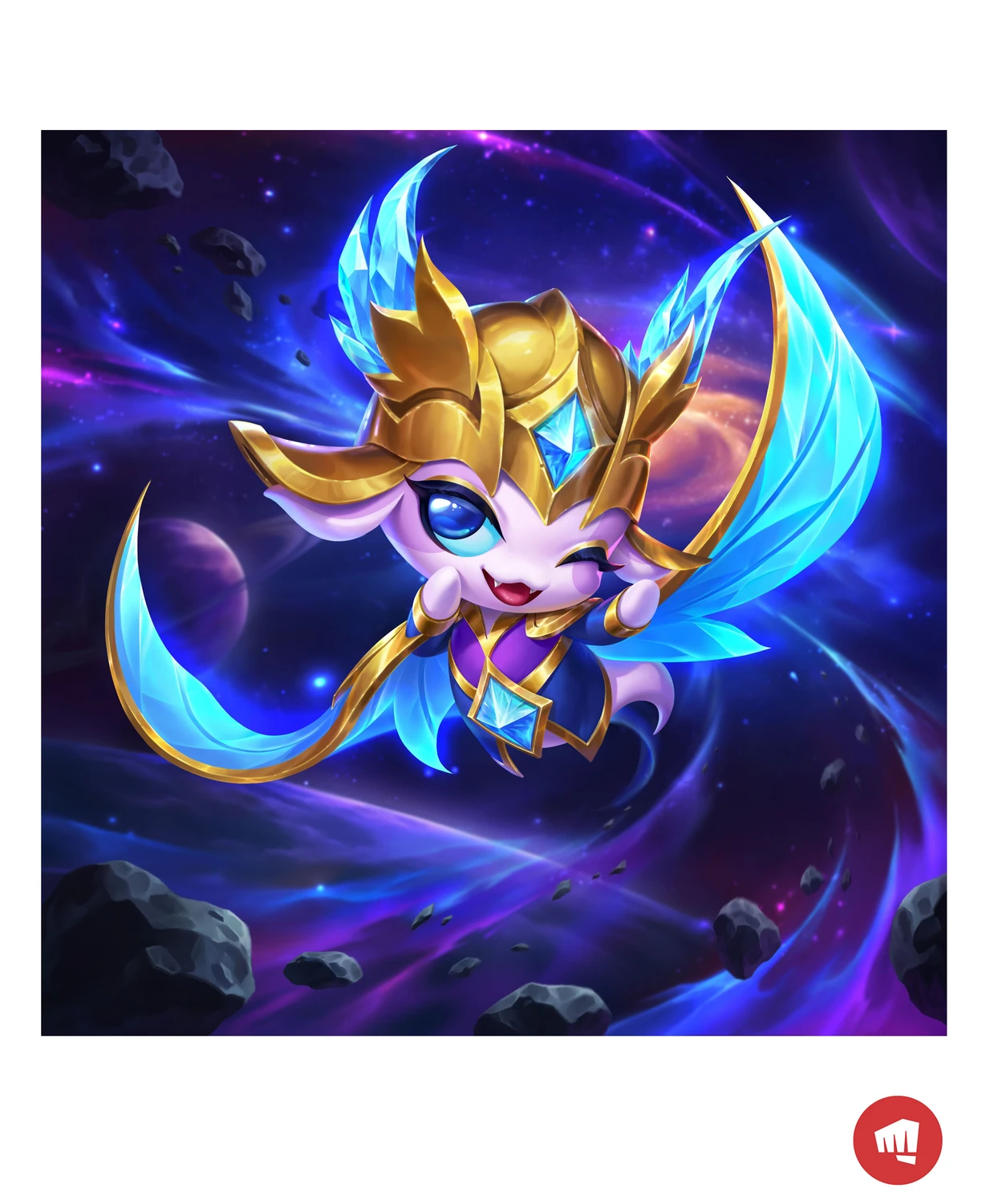 Victorious Lumie wearing gold and blue armour in a star-filled scene