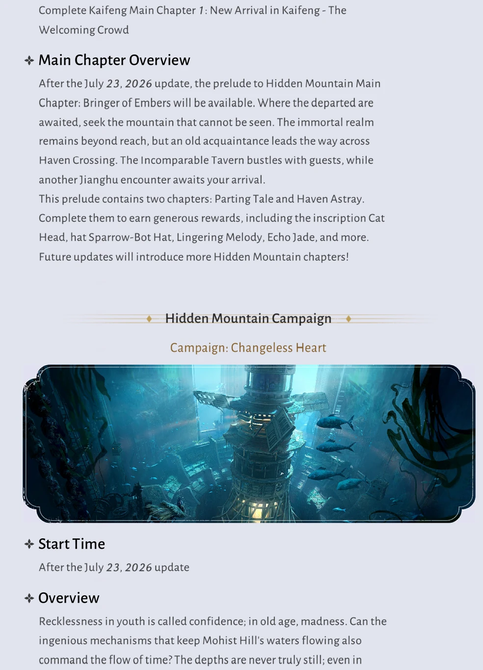 Where Winds Meet Version 2.0 illustrated overview of Hidden Mountain, story chapters, rewards and exploration features continued