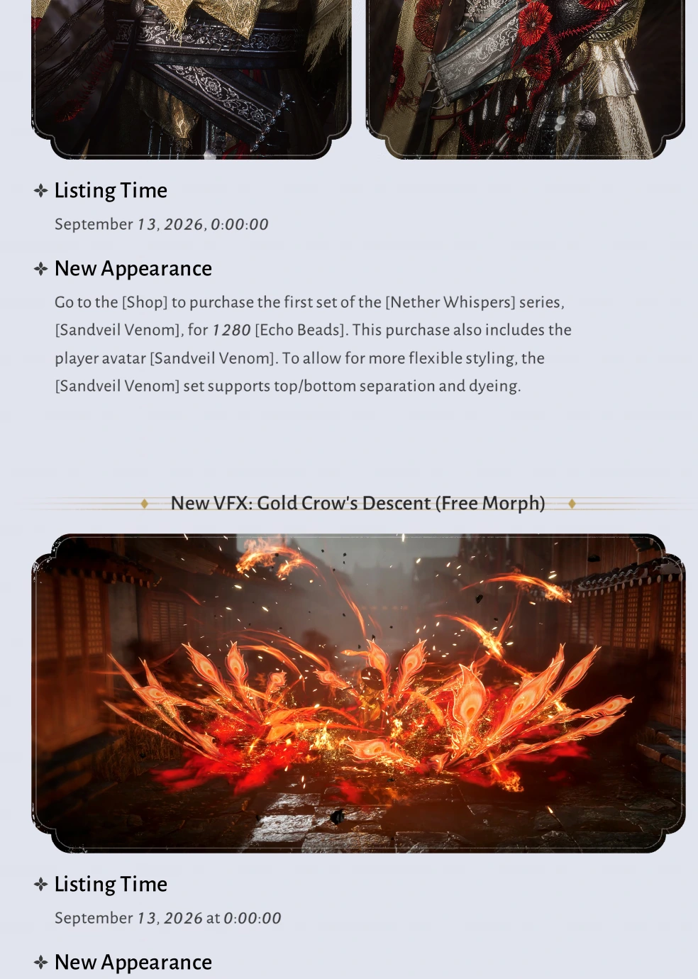 Sandveil Venom Echo Beads price and Gold Crow’s Descent VFX art