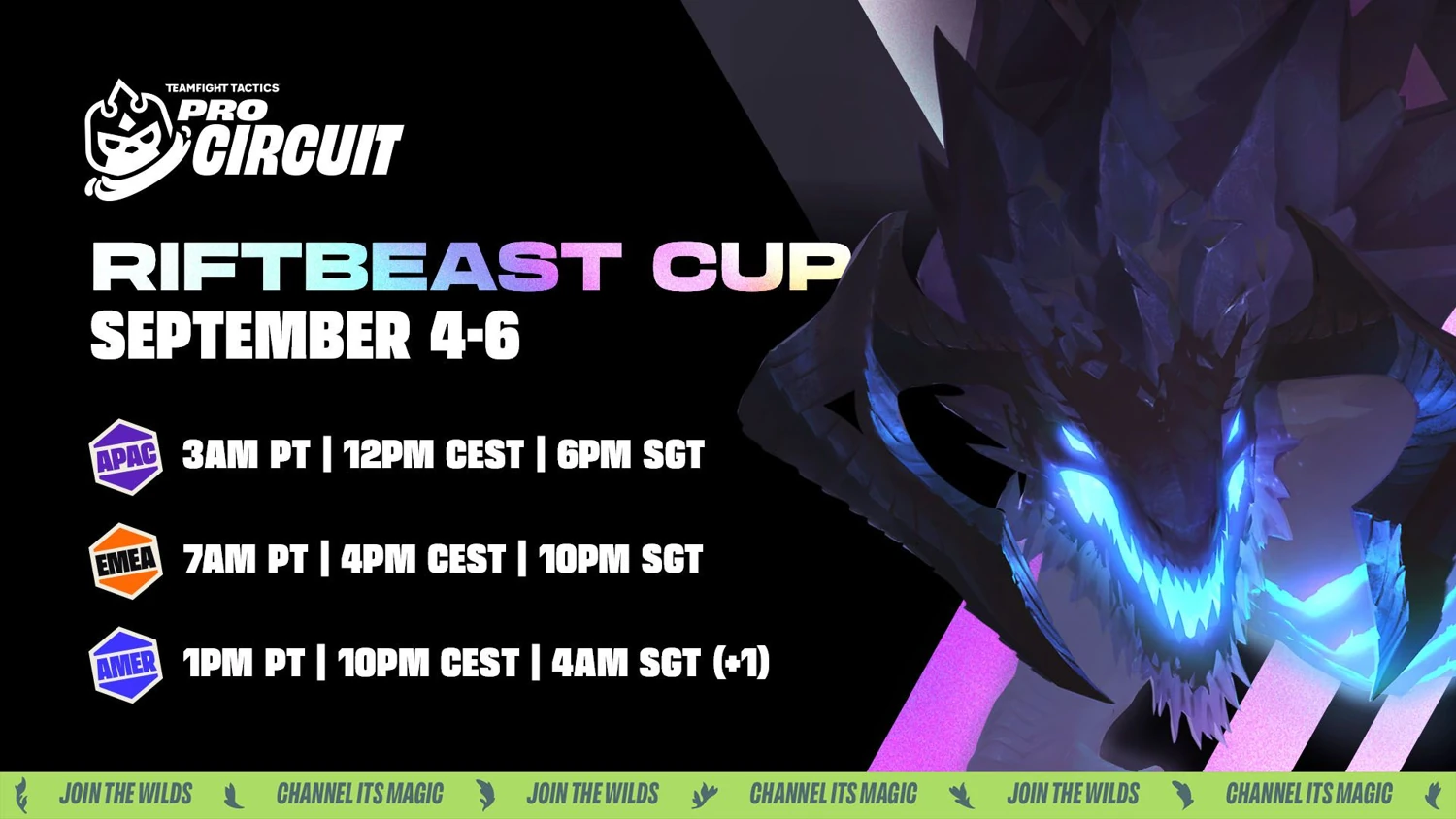 Riftbeast Cup broadcast graphic listing APAC, EMEA and Americas start times
