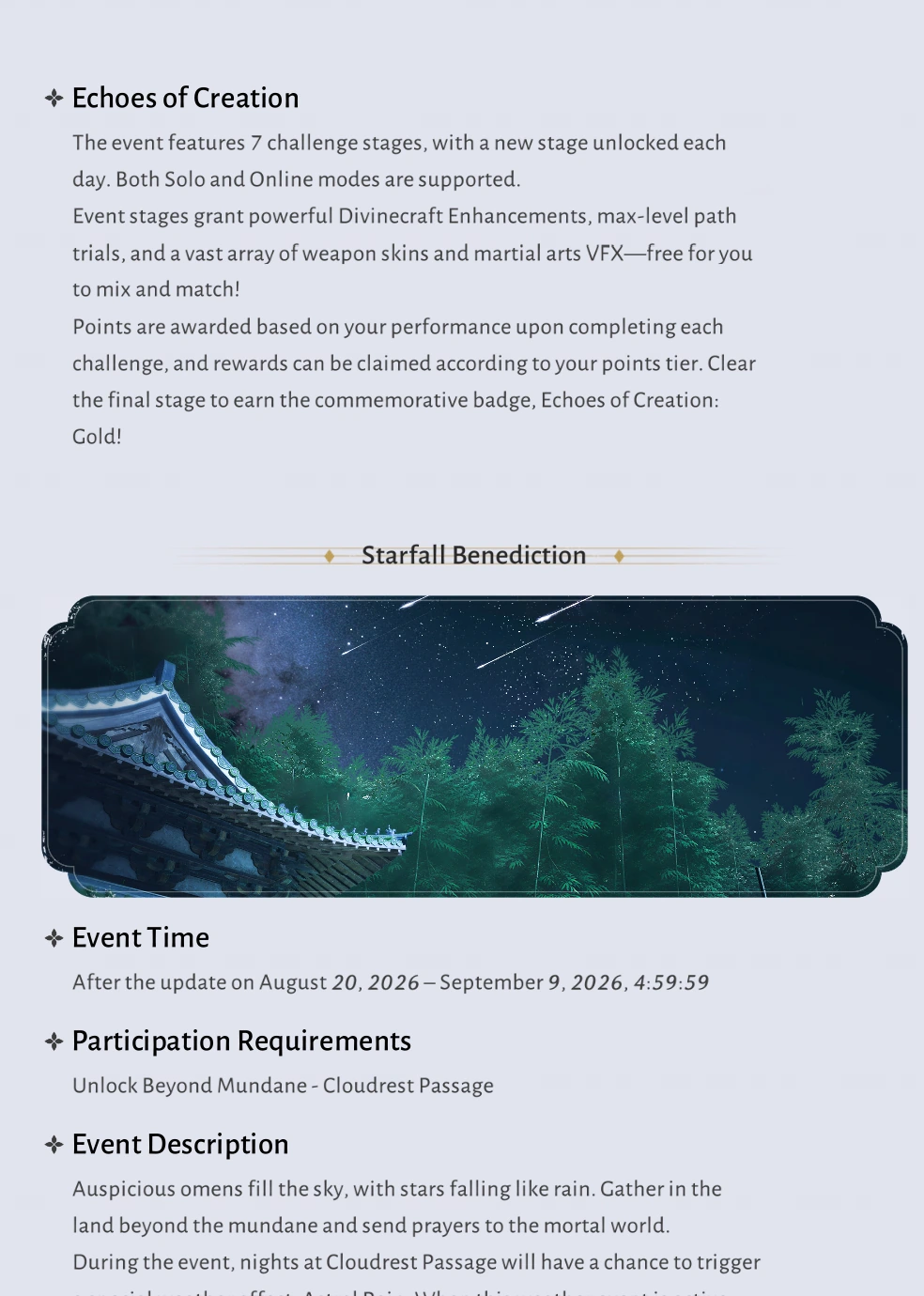 Echoes of Creation challenges and Starfall Benediction event
