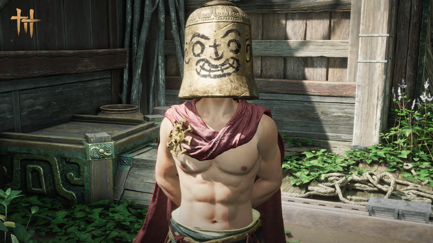 Xiaoba wearing a smiling paper mask in a Mirkvale workshop