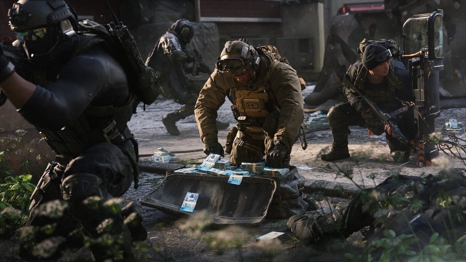 Modern Warfare 4 squad gathered around equipment in a combat zone