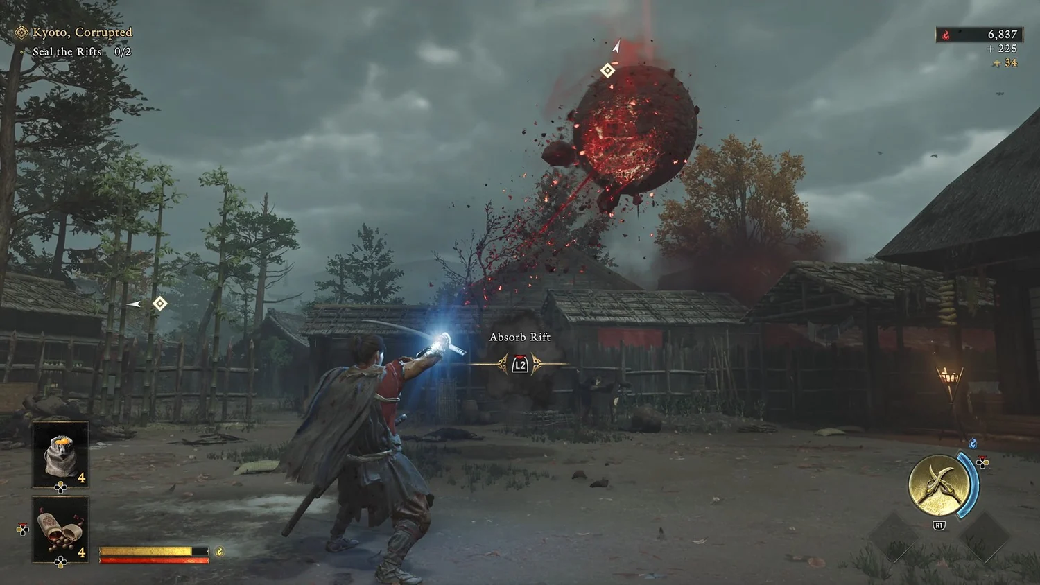 Musashi aiming the Oni Bow at a Genma power source in Kyoto