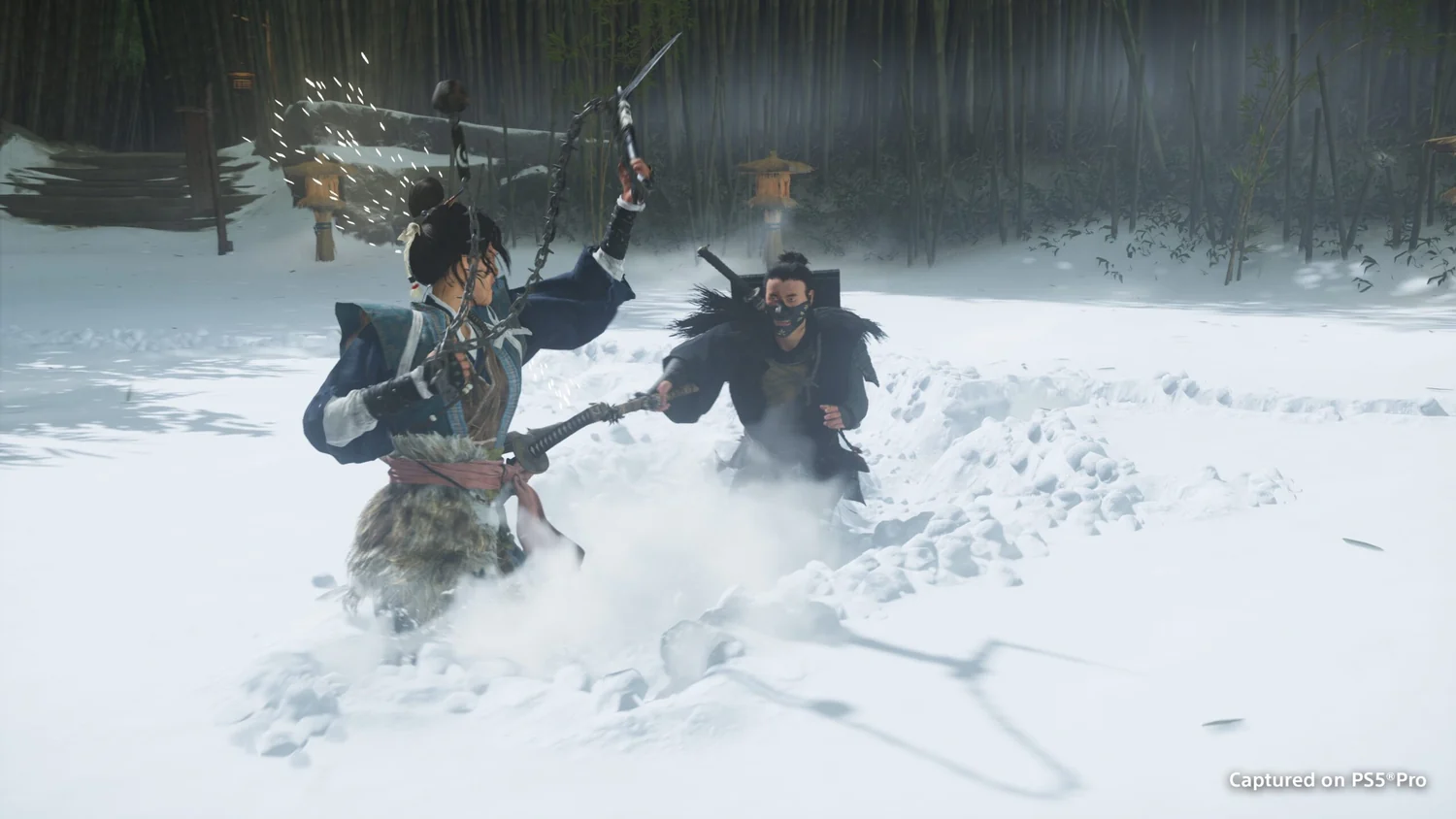 A sword fight in a snowy forest